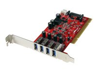 StarTech.com Carte contrôleur PCI à 4 ports USB 3.0 SuperSpeed - Adaptateur PCI 4x USB A (F) avec alimentation SATA / SP4 - Adaptateur USB - PCI-X profil bas - USB 3.0 x 4 - rouge - pour P/N: HBS304A24A, S3510BMU33, S3510SMU33, UNI251BMU33, USB221SS PCIUSB3S4